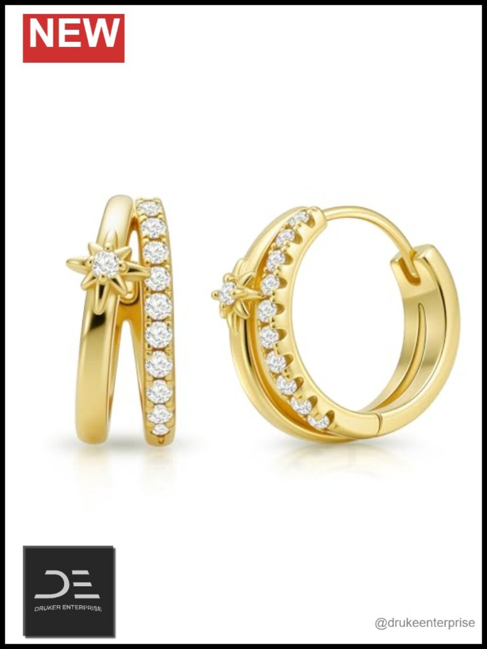 14K Gold Double Hoop Earrings 20mm Celestial North Star Huggies